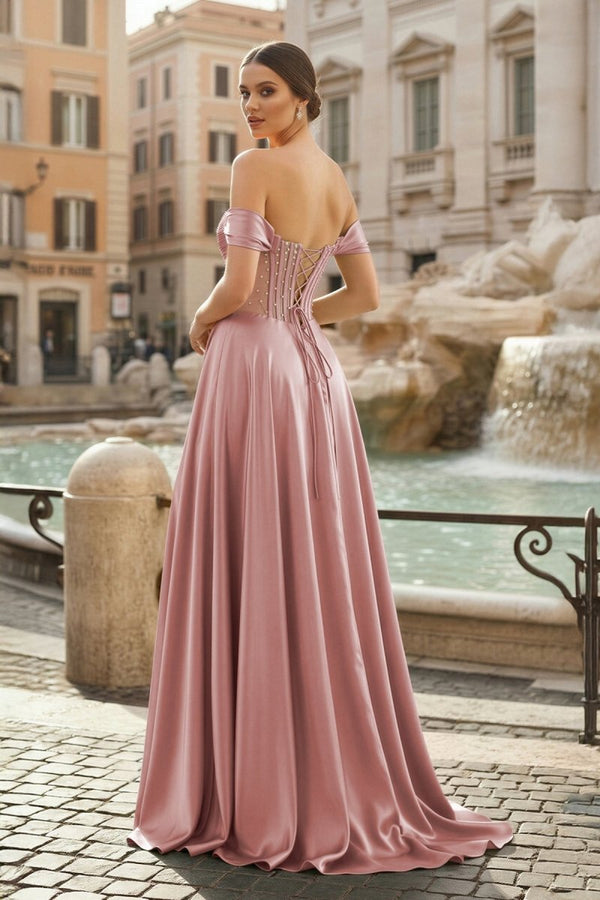 off the shoulder beaded prom dress Stacees 2026 Beaded Off-the-Shoulder Sheer Corset Prom Dress with Flowers