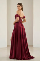 Varelyn | Burgundy - Off The Shoulder A Line Satin Beaded Prom Dresses With Slit-KissProm