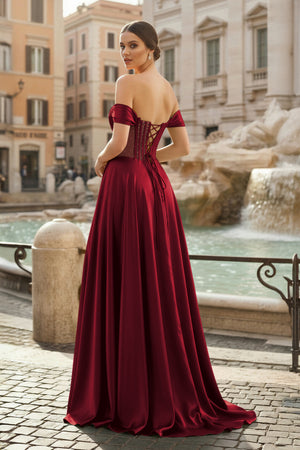 KissProm-Burgundy Off The Shoulder A Line Satin Beaded Prom Dresses With Slit