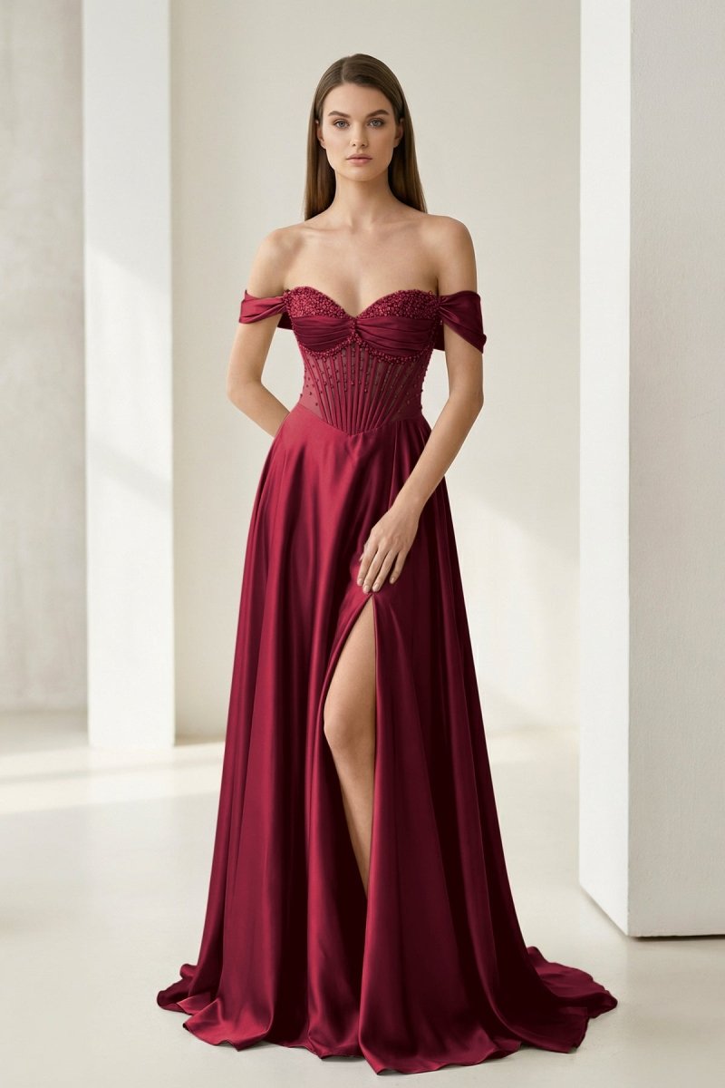 Varelyn | Sage - Off The Shoulder A Line Satin Beaded Prom Dresses With Slit - KissProm
