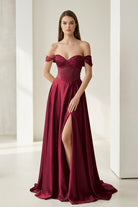 Varelyn | Burgundy - Off The Shoulder A Line Satin Beaded Prom Dresses With Slit-KissProm