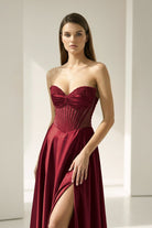 Varelyn | Burgundy - Off The Shoulder A Line Satin Beaded Prom Dresses With Slit-KissProm