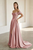 Varelyn | Dusty Pink - Off The Shoulder A Line Satin Beaded Prom Dresses With Slit-KissProm