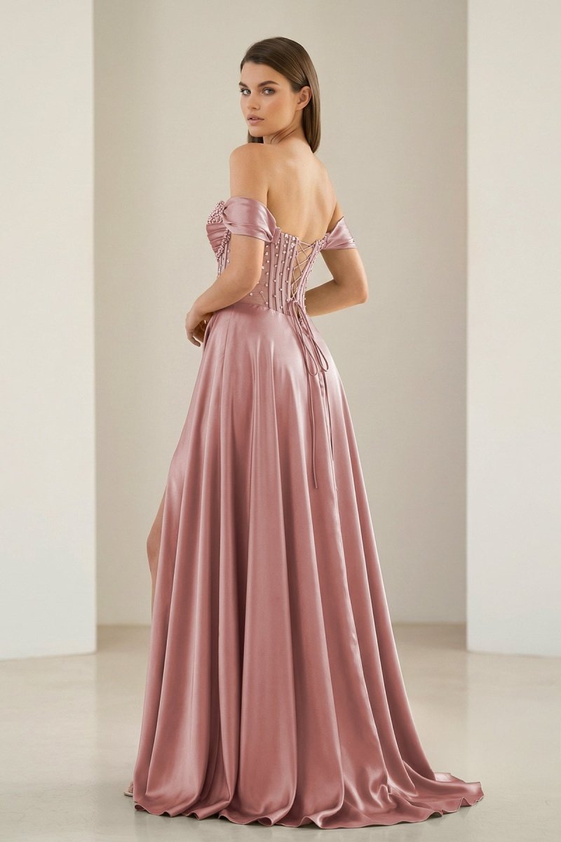 Varelyn | Dusty Pink - Off The Shoulder A Line Satin Beaded Prom Dresses With Slit-KissProm