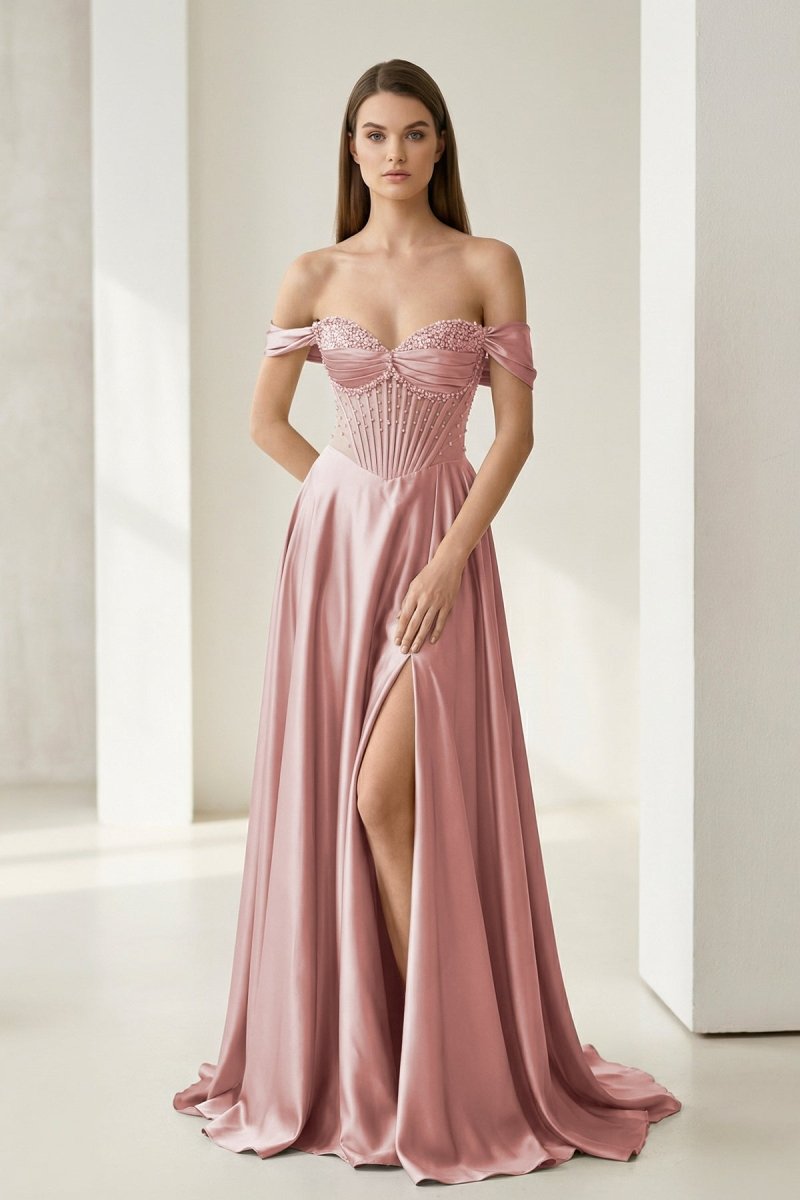 Varelyn | Sage - Off The Shoulder A Line Satin Beaded Prom Dresses With Slit - KissProm