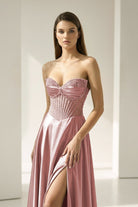 Varelyn | Dusty Pink - Off The Shoulder A Line Satin Beaded Prom Dresses With Slit-KissProm
