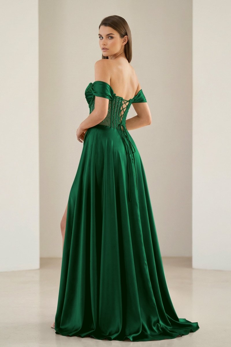 Varelyn | Sage - Off The Shoulder A Line Satin Beaded Prom Dresses With Slit - KissProm