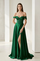 Varelyn | Emerald - Off The Shoulder A Line Satin Beaded Prom Dresses With Slit-KissProm