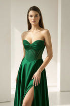 Varelyn | Emerald - Off The Shoulder A Line Satin Beaded Prom Dresses With Slit-KissProm