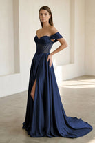 Varelyn | Navy Blue - Off The Shoulder A Line Satin Beaded Prom Dresses With Slit-KissProm