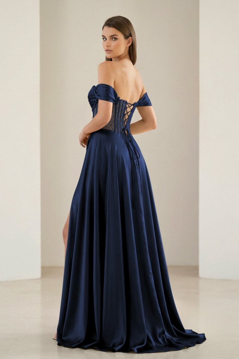 Varelyn | Navy Blue - Off The Shoulder A Line Satin Beaded Prom Dresses With Slit-KissProm