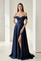 Varelyn | Navy Blue - Off The Shoulder A Line Satin Beaded Prom Dresses With Slit-KissProm