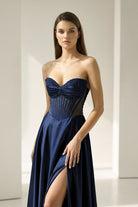 Varelyn | Navy Blue - Off The Shoulder A Line Satin Beaded Prom Dresses With Slit-KissProm
