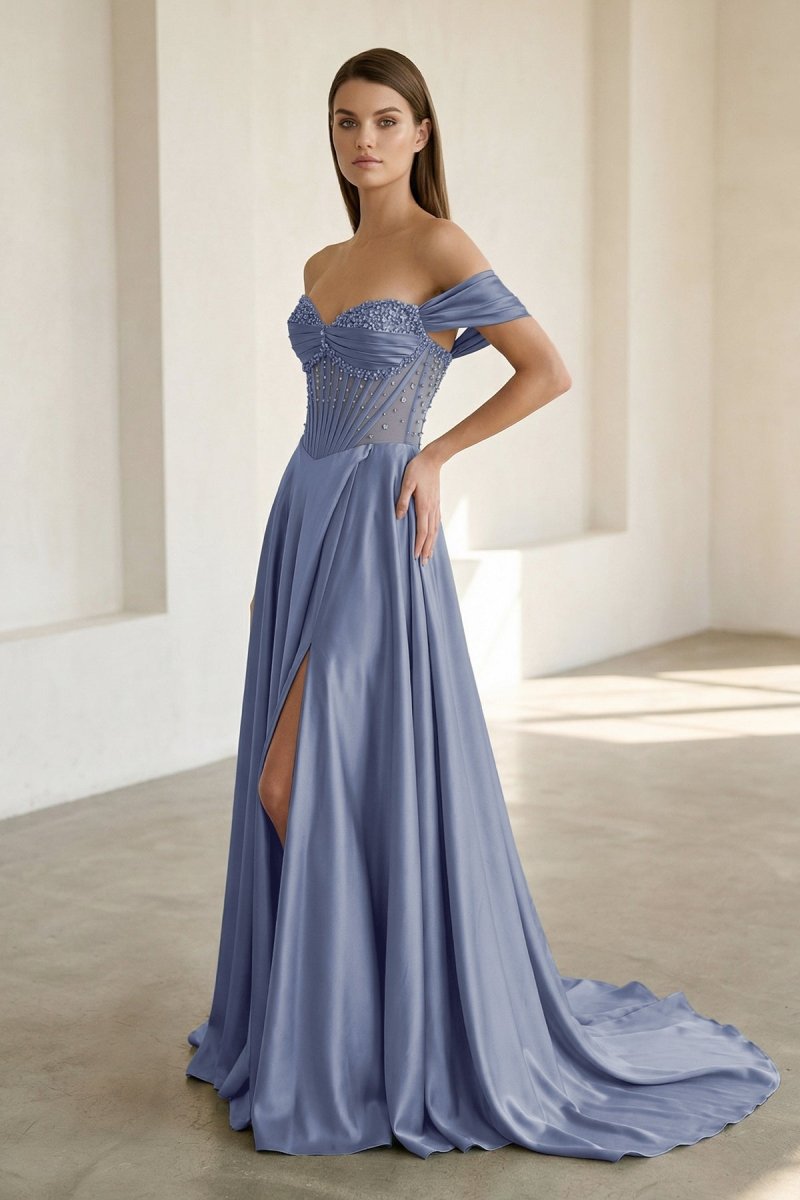 Varelyn | Sage - Off The Shoulder A Line Satin Beaded Prom Dresses With Slit - KissProm