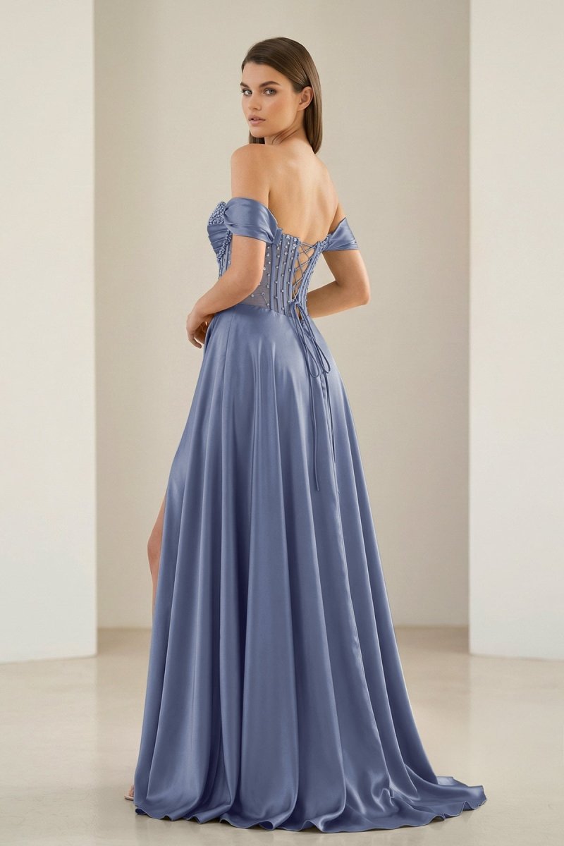 Varelyn | Sage - Off The Shoulder A Line Satin Beaded Prom Dresses With Slit - KissProm
