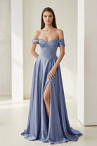 Varelyn | Periwinkle - Off The Shoulder A Line Satin Beaded Prom Dresses With Slit-KissProm