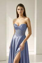 Varelyn | Periwinkle - Off The Shoulder A Line Satin Beaded Prom Dresses With Slit-KissProm