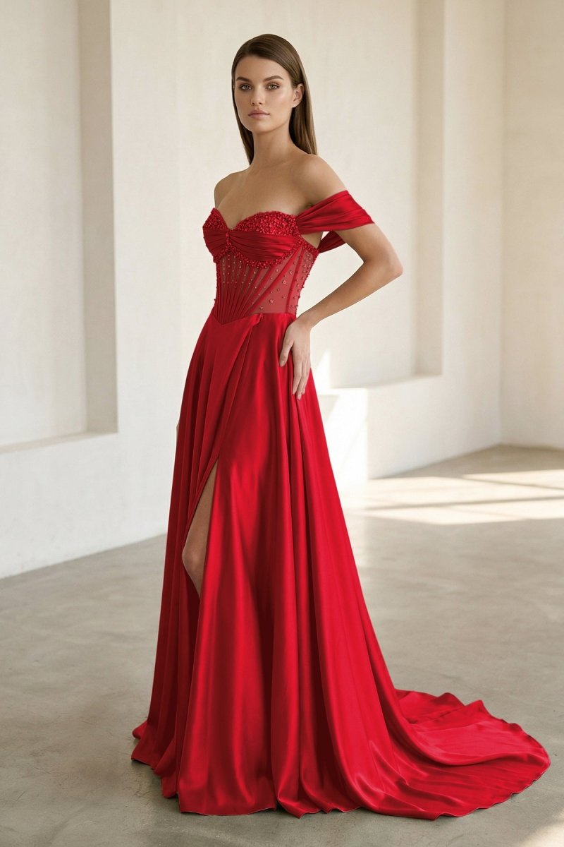 Varelyn | Red - Off The Shoulder A Line Satin Beaded Prom Dresses With Slit-KissProm