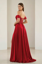 Varelyn | Red - Off The Shoulder A Line Satin Beaded Prom Dresses With Slit-KissProm