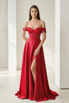 Varelyn | Red - Off The Shoulder A Line Satin Beaded Prom Dresses With Slit-KissProm