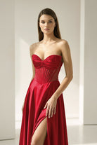 Varelyn | Red - Off The Shoulder A Line Satin Beaded Prom Dresses With Slit-KissProm