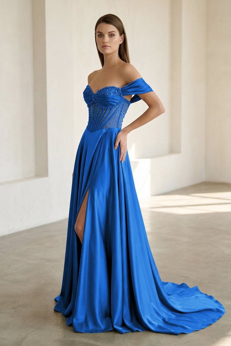 Varelyn | Sage - Off The Shoulder A Line Satin Beaded Prom Dresses With Slit - KissProm