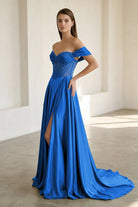 Varelyn | Royal Blue - Off The Shoulder A Line Satin Beaded Prom Dresses With Slit-KissProm