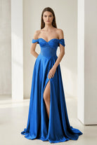 Varelyn | Royal Blue - Off The Shoulder A Line Satin Beaded Prom Dresses With Slit-KissProm