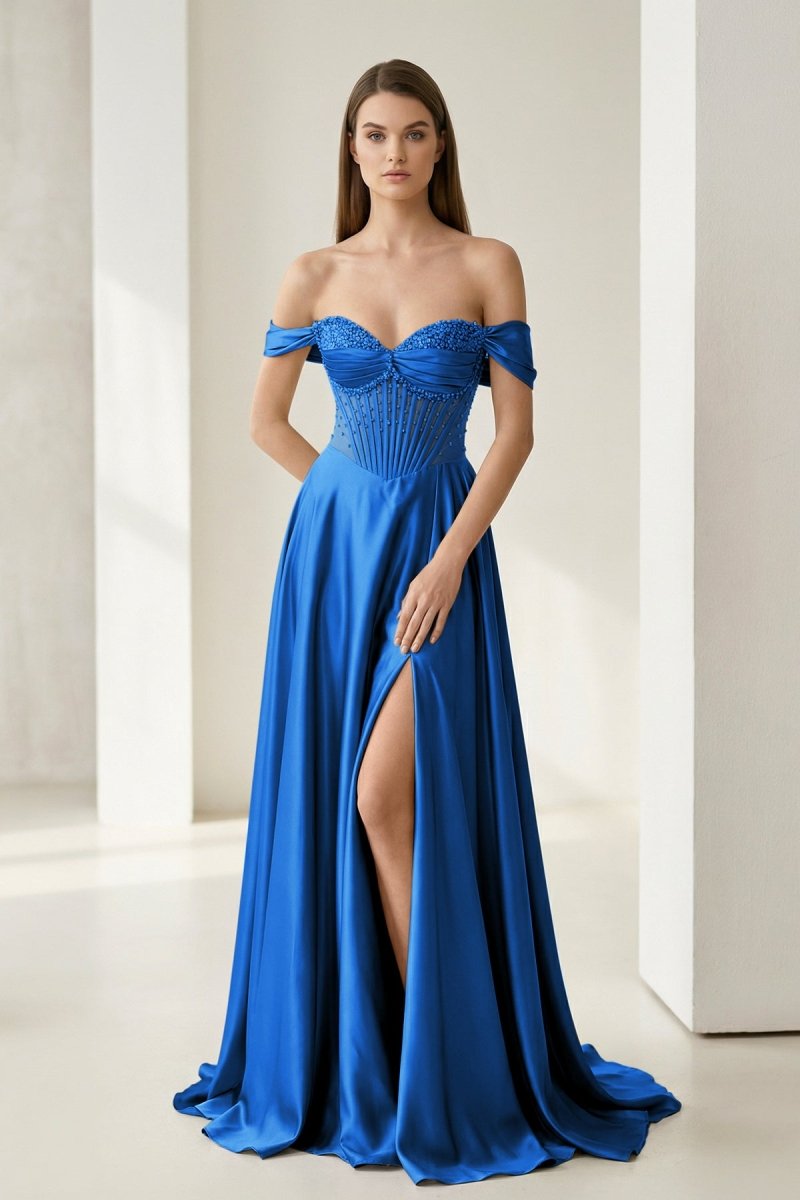 Varelyn | Royal Blue - Off The Shoulder A Line Satin Beaded Prom Dresses With Slit-KissProm