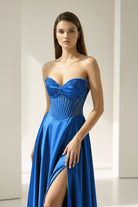 Varelyn | Royal Blue - Off The Shoulder A Line Satin Beaded Prom Dresses With Slit-KissProm