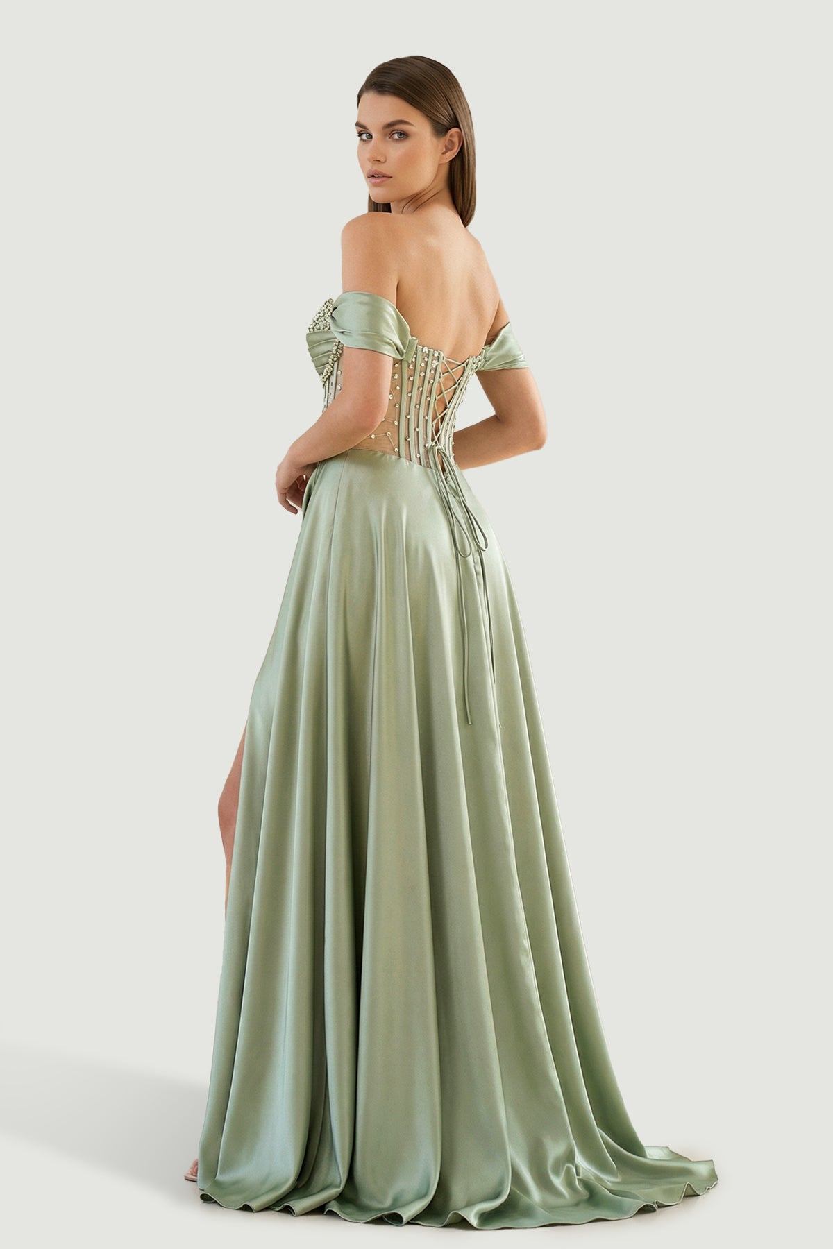 Varelyn | Sage - Off The Shoulder A Line Satin Beaded Prom Dresses With Slit - KissProm