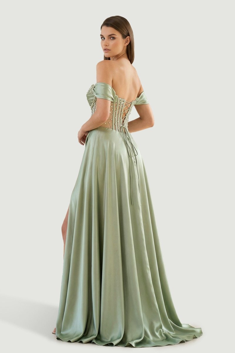 Varelyn | Sage - Off The Shoulder A Line Satin Beaded Prom Dresses With Slit - KissProm