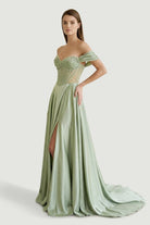 Varelyn | Sage - Off The Shoulder A Line Satin Beaded Prom Dresses With Slit - KissProm