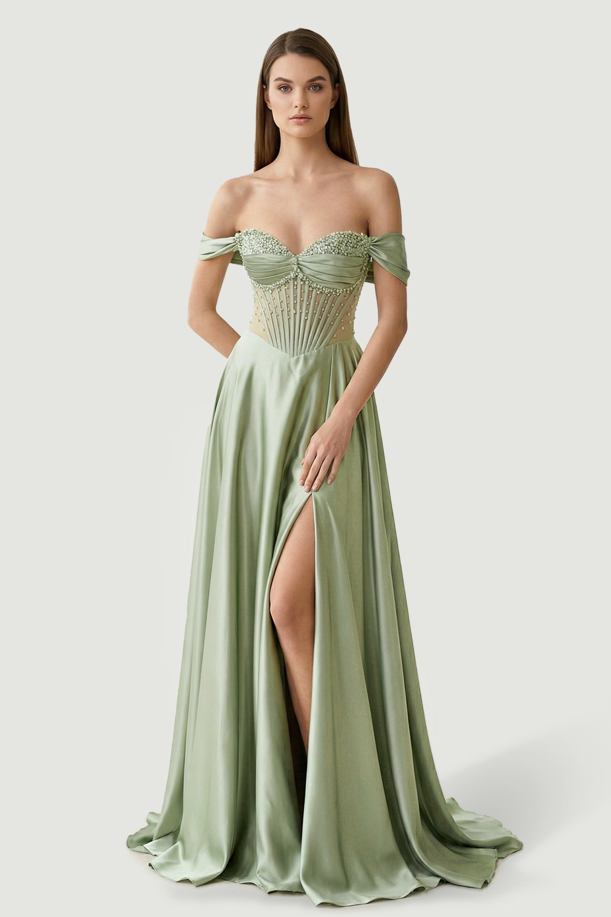 Varelyn | Sage - Off The Shoulder A Line Satin Beaded Prom Dresses With Slit - KissProm