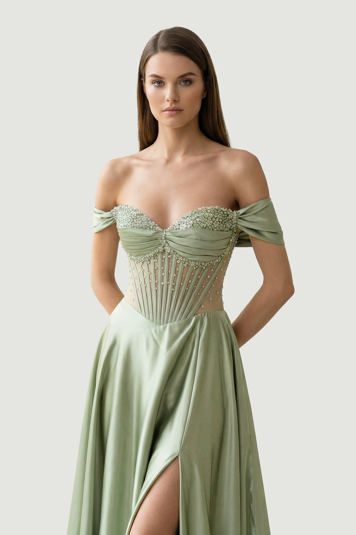 Varelyn | Sage - Off The Shoulder A Line Satin Beaded Prom Dresses With Slit - KissProm