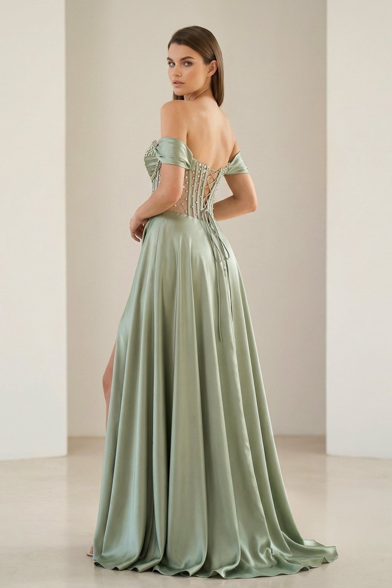 Varelyn | Sage - Off The Shoulder A Line Satin Beaded Prom Dresses With Slit - KissProm