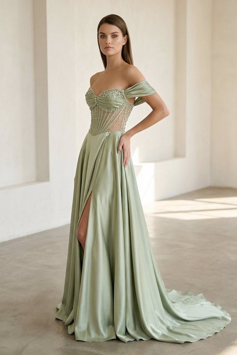 Varelyn | Sage - Off The Shoulder A Line Satin Beaded Prom Dresses With Slit - KissProm