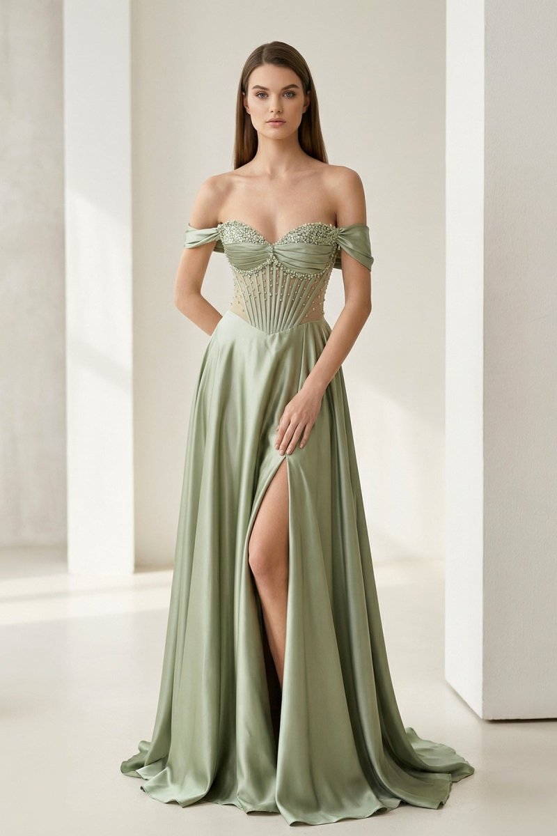 Varelyn | Sage - Off The Shoulder A Line Satin Beaded Prom Dresses With Slit - KissProm