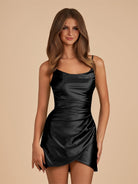 Vaya | Black - Sheath Spaghetti Straps Pleated Satin Short Homecoming Dress - KissProm