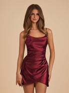 Vaya | Burgundy - Sheath Spaghetti Straps Pleated Satin Short Homecoming Dress