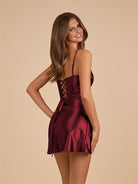 Vaya | Burgundy - Sheath Spaghetti Straps Pleated Satin Short Homecoming Dress