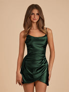 Vaya | Dark green - Sheath Spaghetti Straps Pleated Satin Short Homecoming Dress