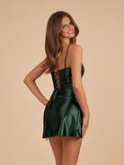 Vaya | Dark green - Sheath Spaghetti Straps Pleated Satin Short Homecoming Dress