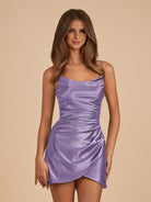 Vaya | Lilac - Sheath Spaghetti Straps Pleated Satin Short Homecoming Dress