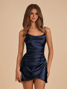 Vaya | Navy Blue - Sheath Spaghetti Straps Pleated Satin Short Homecoming Dress