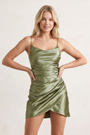 Olive - Sheath Spaghetti Straps Pleated Satin Short Homecoming Dress