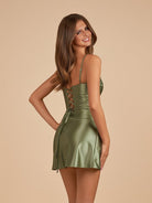 Vaya | Olive - Sheath Spaghetti Straps Pleated Satin Short Homecoming Dress