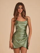 Vaya | Olive - Sheath Spaghetti Straps Pleated Satin Short Homecoming Dress