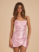 Vaya | Pink - Sheath Spaghetti Straps Pleated Satin Short Homecoming Dress