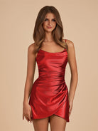 Vaya | Red - Sheath Spaghetti Straps Pleated Satin Short Homecoming Dress